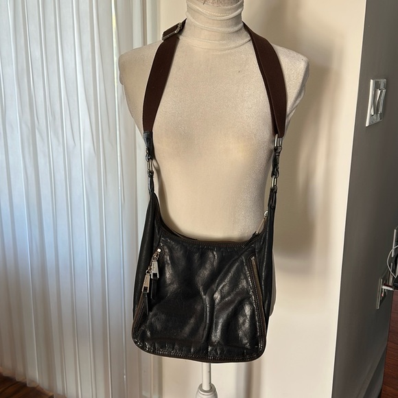 HOBO BLACK LEATHER VINTAGE CROSSBODY BROWN CANVAS STRAP